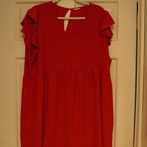 Jodifl Red Ruffle Sleeve Dress 2X V-Neck Tiered Shift Dress